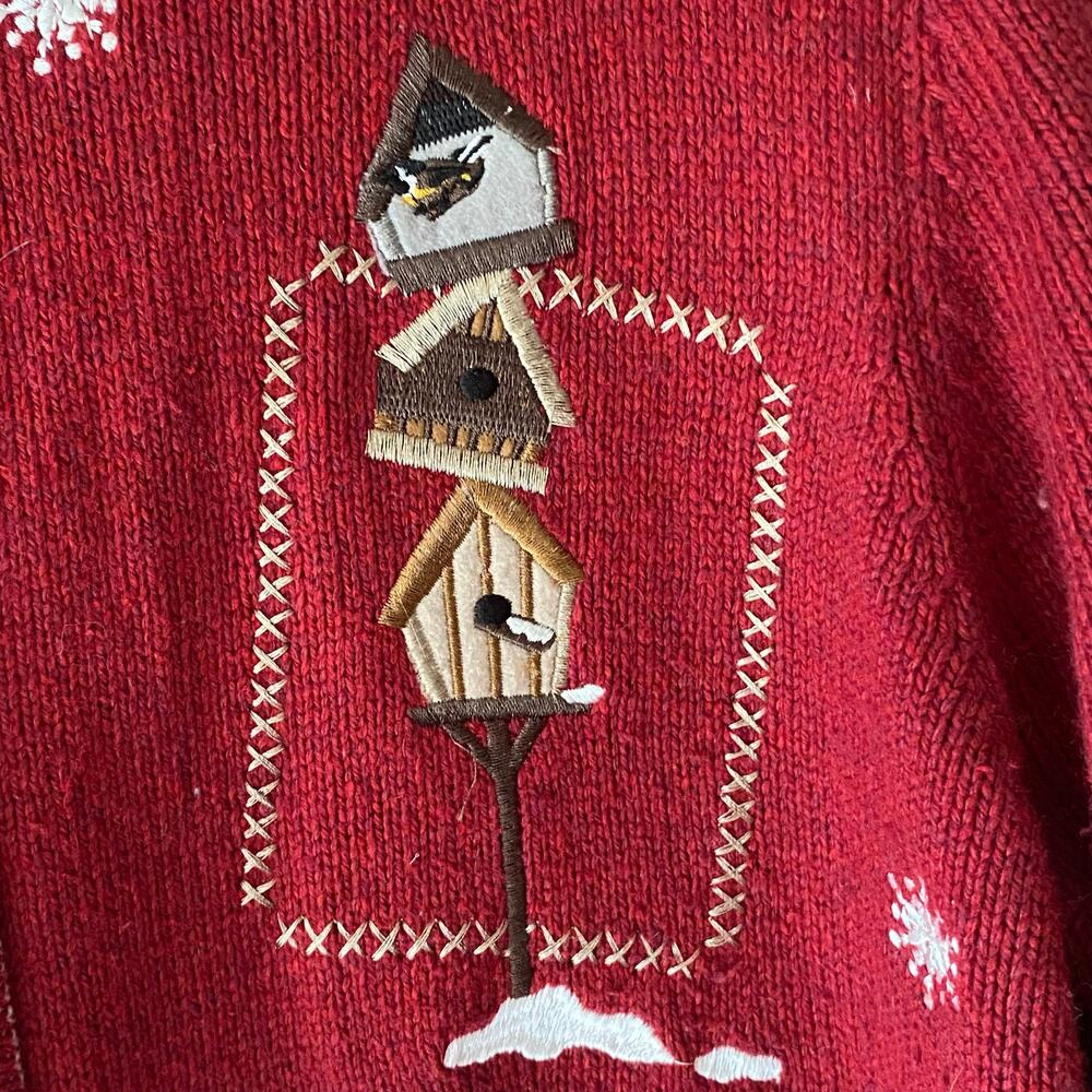 Y2K Grandma Full Zip Knit Cardigan Sweater SZ‎ XL Embroidered Birdhouse Cottage - Picture 4 of 10